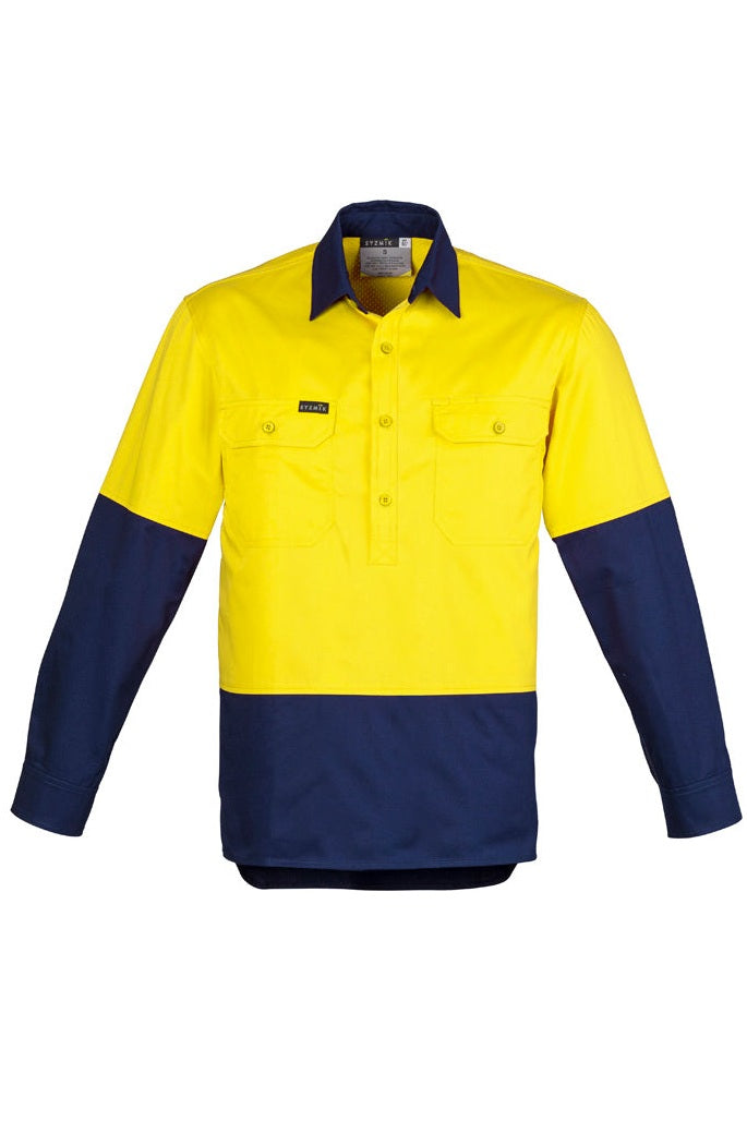 Syzmik Mens Hi Vis Closed Front Long Sleeve Shirt - ZW560 - Yellow/Navy