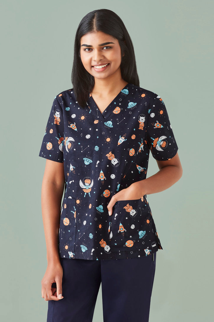BizCare Womens Space Party Scrub Top - CST148LS | Biz Care | Fashion Biz Online