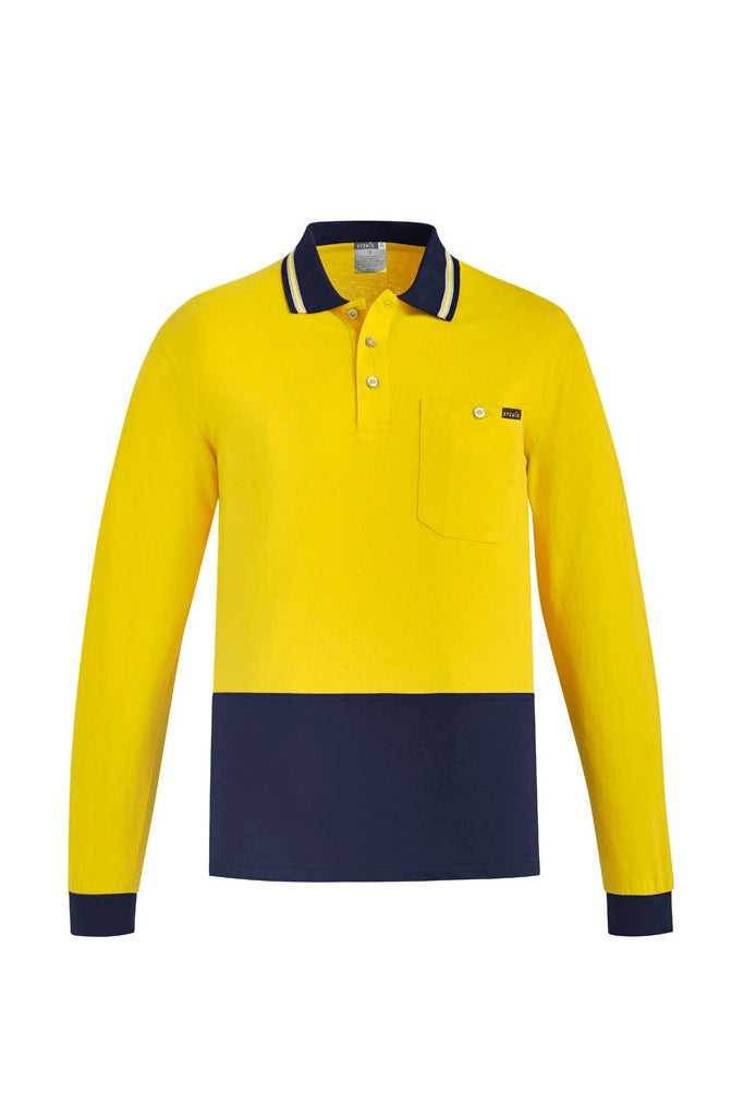 Syzmik Mens Hi Vis Cotton Long Sleeve Polo - ZH430 - Yellow/Navy