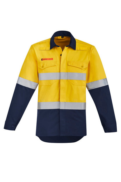 Syzmik Mens Orange Flame Resistant HRC 2 Hoop Taped Open Front Spliced Shirt - ZW140 - Yellow/Navy