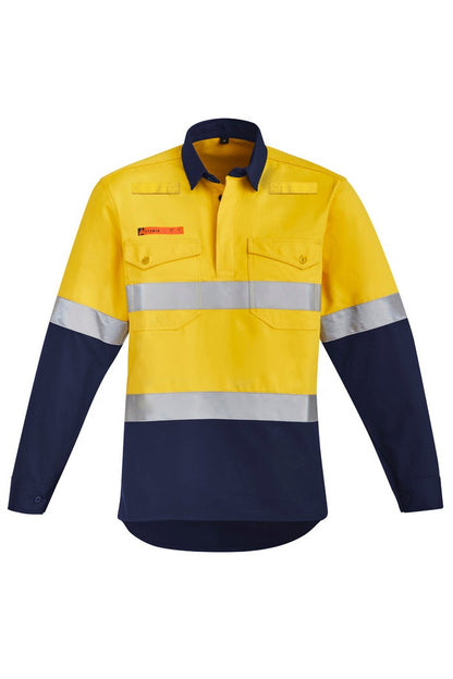 Syzmik Mens Orange Flame Resistant HRC 2 Hoop Taped Closed Front Spliced Shirt - ZW143 - Yellow/Navy